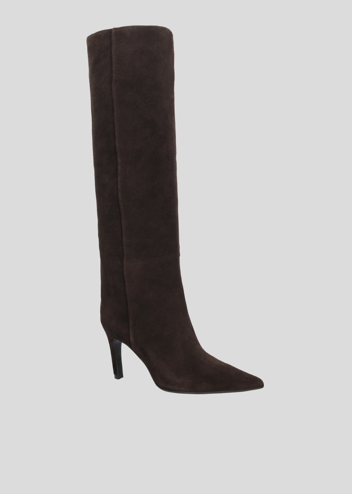 Botas altas de serraje color Chocolate para mujer, con punta afilada y tacón de aguja de 5,5 cm, de Lola Cruz.