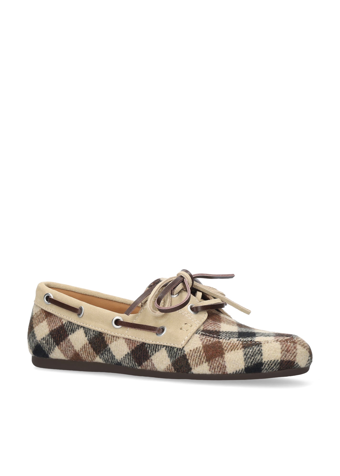 Vista lateral de los mocasines para mujer Tana Loafer con tejido estampado de cuadros en color beige y marrón de BIBI LOU.